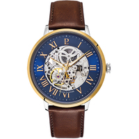 Gold Automatic Skeleton Watch - Blue Dial Brown Leather Band By PIERRE LANNIER