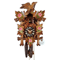 CARVED 1 DAY 5 LEAF WITH BIRD, HAND PAINTED ROSES CUCKOO CLOCK 20CM BY HONES