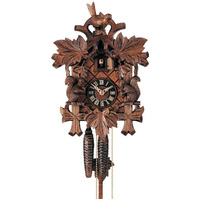 CARVED 1 DAY SQUIRRELS WITH FULL BIRD CUCKOO CLOCK 23CM BY HONES