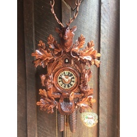 CARVED 8 DAY HUNTER & SQUIRREL ON SIDE WITH STAG HEAD ON TOP 45CM CUCKOO CLOCK BY HONES