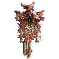 CARVED 1 DAY 5 LEAF WITH FULL BIRD ON TOP 25CM CUCKOO CLOCK BY HONES