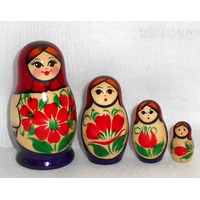 Kirov Russian Nesting Dolls 4 Set With Red Scarf & Purple Dress 7cm