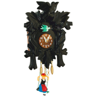 Birds & Leaves Black Battery Carved Kuckulino With Swinging Doll 17cm By TRENKLE image