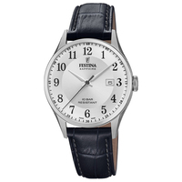 SWISS SILVER WITH SILVER DIAL AND BLACK LEATHER STRAP BY FESTINA