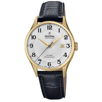 Swiss Gold With Silver Dial And Black Leather Strap By FESTINA