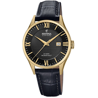 Swiss Gold With Black Dial And Black Leather Strap By FESTINA