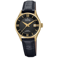 Swiss Gold With Black Dial And Black Leather Strap By FESTINA