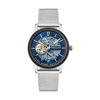 Silver/Blue Skeleton Automatic Watch with Silver Mesh Band BY KENNETH COLE