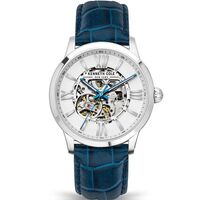 43mm Silver Automatic Mens Watch With Skeleton Dial & Blue Leather Band By KENNETH COLE