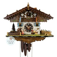 Chalet Bavarian Beer Drinker with Beer Maid and Flags 28cm Cuckoo Clock BY HONES