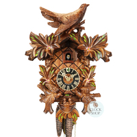 5 Leaf & Bird 1 Day Mechanical Carved Cuckoo Clock With Flowers & Side Birds 33cm By HÖNES