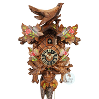 5 Leaf & Bird 1 Day Mechanical Carved Cuckoo Clock With Painted Flowers & Side Birds 33cm By HΓNES