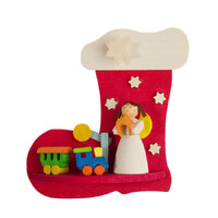 7cm Red Wooden Christmas Stocking With Angel & Train By Graupner image