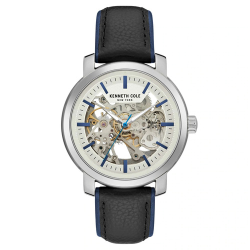 Silver Skeleton Automatic Watch with Black Leather Band BY KENNETH COLE