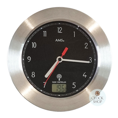 17cm Silver/Black Round Wall Clock With Temperature By AMS