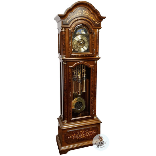 220cm Walnut Grandfather Clock With Tubular Bells, Triple Chime & Wood Inlay By HERMLE