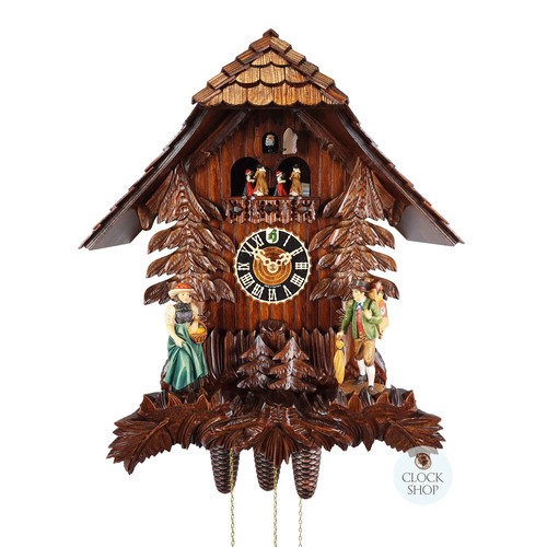 Clock Peddler & Lady 8 Day Mechanical Chalet Cuckoo Clock With Dancers 50cm By HÖNES image