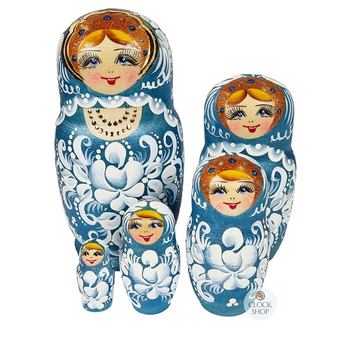 Floral Russian Dolls- Blue & White Matte Finish 16cm (Set Of 5) image
