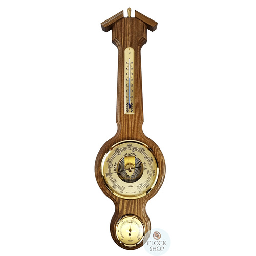55cm Rustic Oak Traditional Weather Station With Barometer, Thermometer & Hygrometer By FISCHER