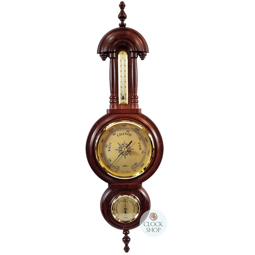 59cm Mahogany Old German Style Weather Station With Barometer Thermometer & Hygrometer By FISCHER image