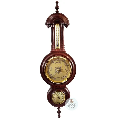 59cm Mahogany Old German Style Weather Station With Barometer Thermometer & Hygrometer By FISCHER image