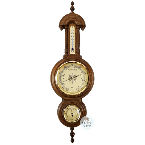59cm Rustic Oak Old German Style Weather Station With Barometer Thermometer & Hygrometer By FISCHER image