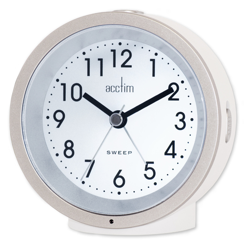 10cm Caleb White Smartlite Silent Analogue Alarm Clock By ACCTIM