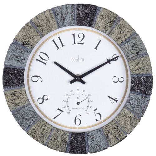 26cm Bowfell Indoor / Outdoor Slate Effect Wall Clock With Temperature By ACCTIM