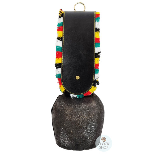 30cm Antique Look Cowbell With Fringed Black Leather Strap