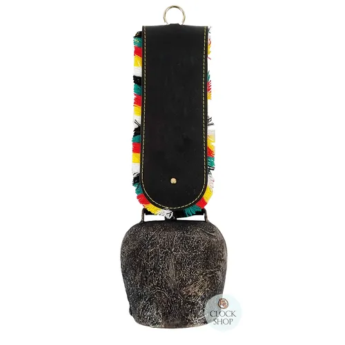 36cm Antique Look Cowbell With Fringed Black Leather Strap image