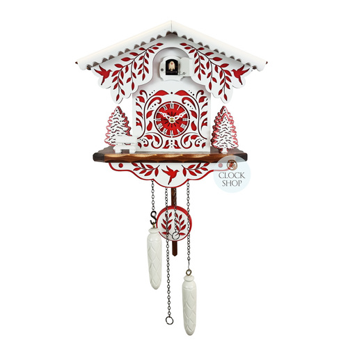 White and Red Christmas Tree Battery Chalet Cuckoo Clock 26cm By ENGSTLER