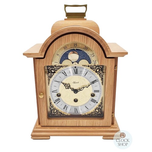 30cm Light Oak Mechanical Table Clock With Westminster Chime & Moon Dial By HERMLE