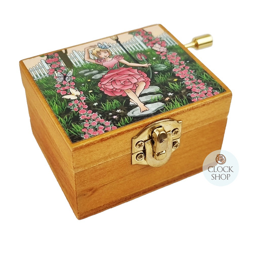 Wooden Hand Crank Music Box- Girl In Pink Floral Garden (Beethoven- Fur Elise)