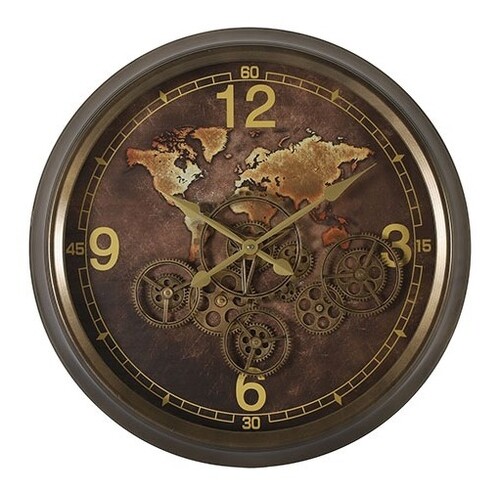 60cm Carta Brown World Map Wall Clock With Moving Gears By COUNTRYFIELD