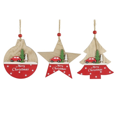 12cm Car & Tree Wooden Hanging Decoration- Assorted Designs image