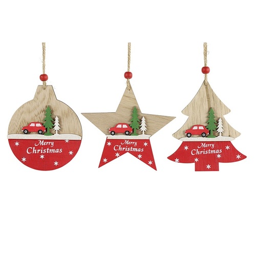 12cm Car & Tree Wooden Hanging Decoration- Assorted Designs