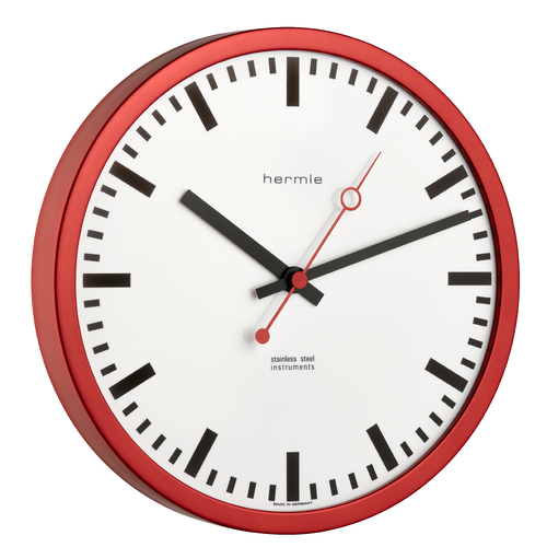 30cm Brushed Stainless Red Modern Wall Clock By HERMLE