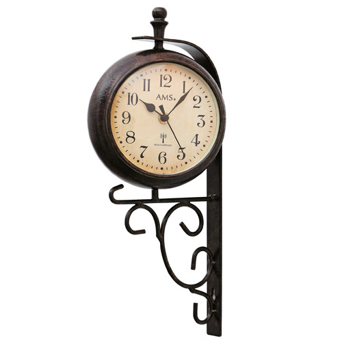 38cm Two-Sided Wrought Iron Wall Clock & Thermometer By AMS