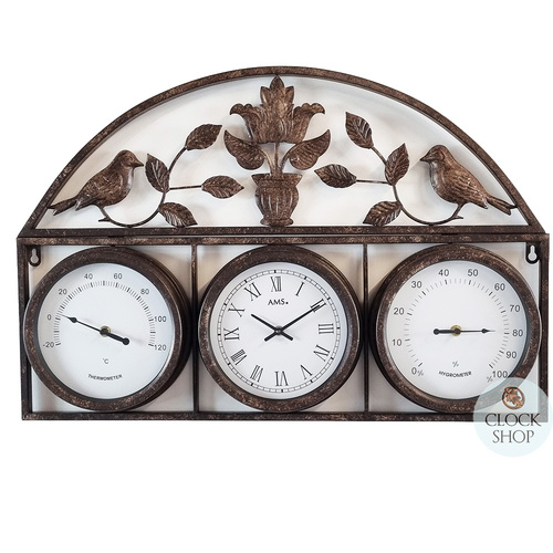 66cm Wrought Iron Weather Station With Thermometer Quartz Clock & Hygrometer By AMS image