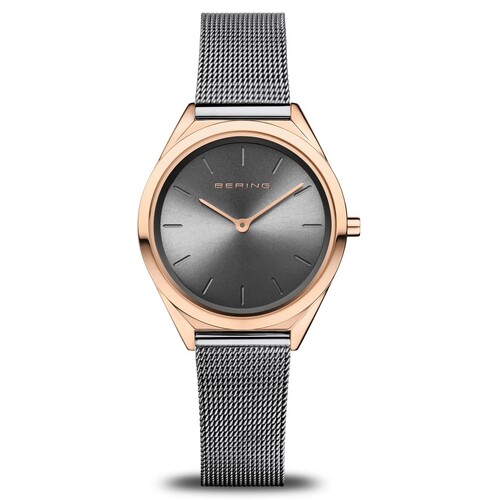 31mm Ultra Slim Collection Unisex Watch With Grey Dial, Grey Milanese Strap & Rose Gold Case By BERING