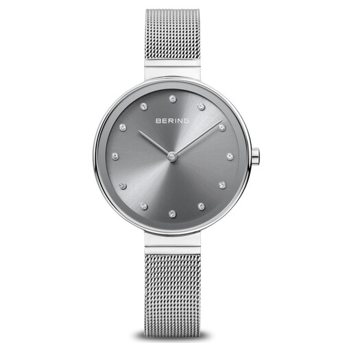 34mm Classic Collection Womens Watch With Grey Dial, Silver Milanese Strap, Case & Swarovski Elements By BERING