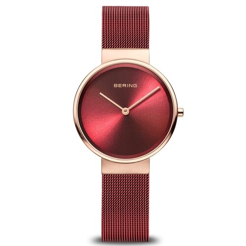 31mm Classic Collection Womens Watch With Red Dial, Red Milanese Strap & Rose Gold Case By BERING