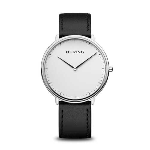 39mm Ultra Slim Collection Unisex Watch With White Dial, Black Leather Strap & Silver Case By BERING