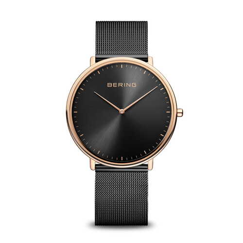 39mm Ultra Slim Collection Unisex Watch With Black Dial, Black Milanese Strap & Rose Gold Case By BERING