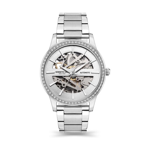 Silver Automatic Skeleton Watch with Pearl Dial and Bracelet Band By KENNETH COLE