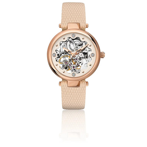 Rose Gold Mechanical Skeleton Watch with Beige Leather Band By KENNETH COLE