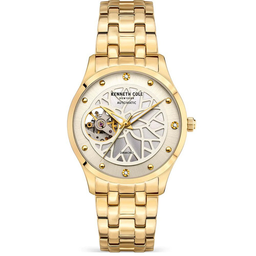 Gold Automatic Skeleton Watch with Pearl Dial and Braclet Band By KENNETH COLE