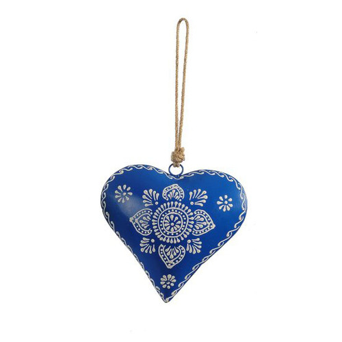 33cm Metal Heart On Rope Hanging Decoration- Blue