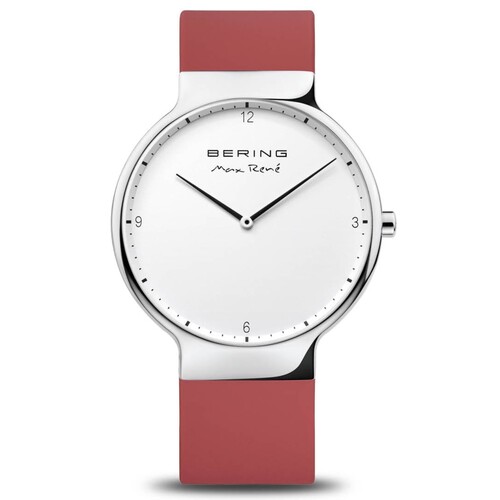 40mm Max Rene Collection Mens Watch With White Dial, Red Silicone Strap & Silver Case By BERING