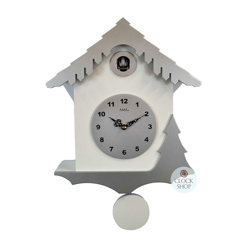 34cm Silver & White Modern Battery Chalet Cuckoo Clock By AMS